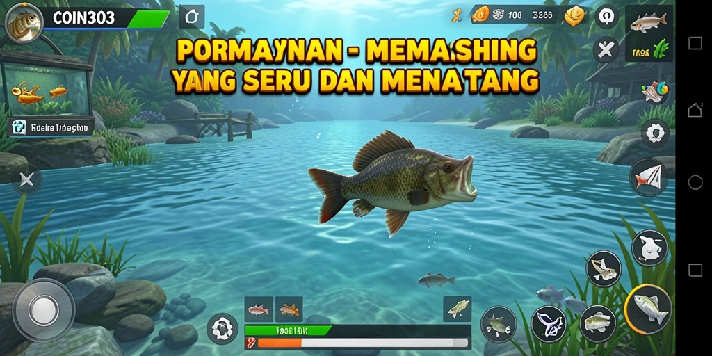 Screenshot gameplay COIN303 menampilkan aksi memancing yang mendebarkan.