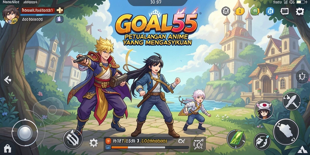 Screenshot utama GOAL55 menampilkan pertempuran seru dan grafis anime yang menakjubkan.