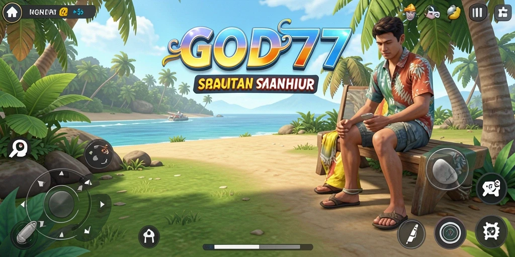 Screenshot utama menampilkan gameplay santai dan penuh warna dari GOD77.