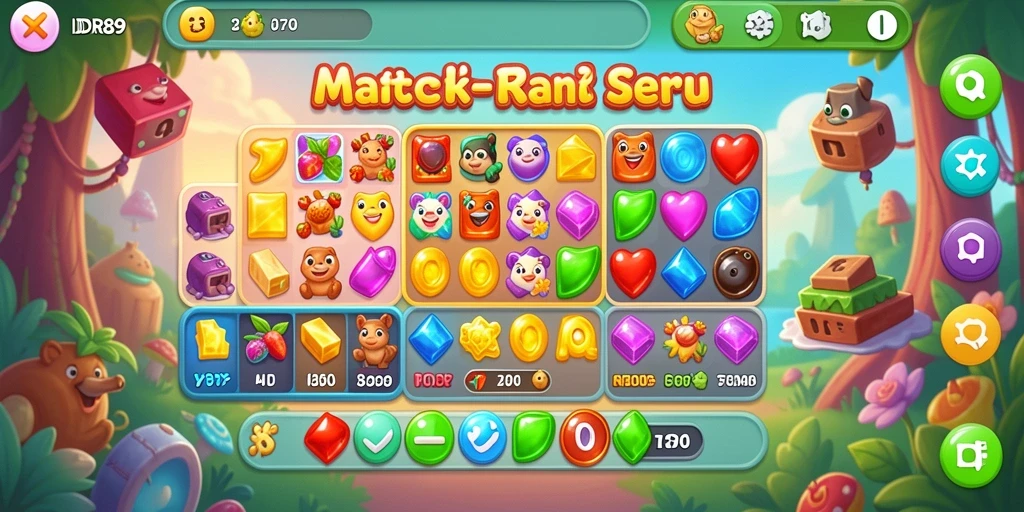 Tampilan gameplay seru dalam game Match-3 IDR89 yang penuh warna.