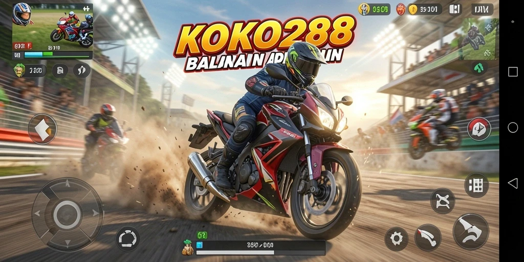 Gameplay KOKO288 dengan balapan motor yang menegangkan.