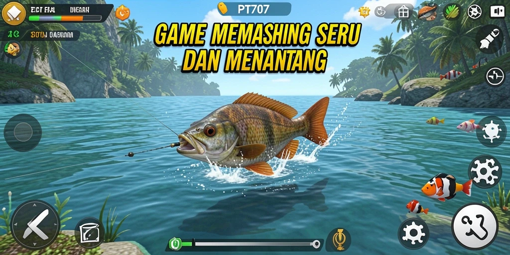Tampilan gameplay PT707 yang menegangkan saat memancing ikan besar.