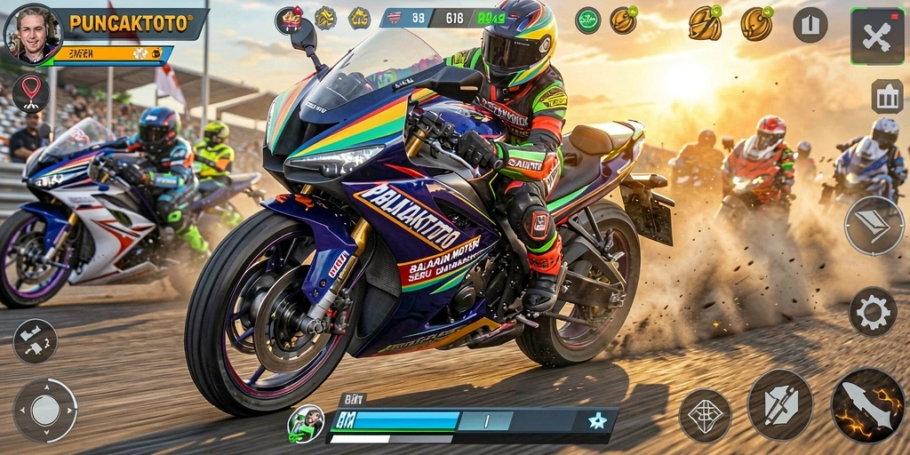 Tampilan gameplay PUNCAKTOTO dengan aksi balapan motor yang intens.