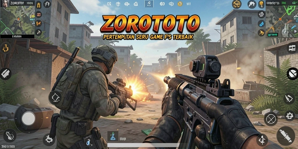 Gameplay ZOROTOTO menampilkan aksi pertempuran FPS yang intens.